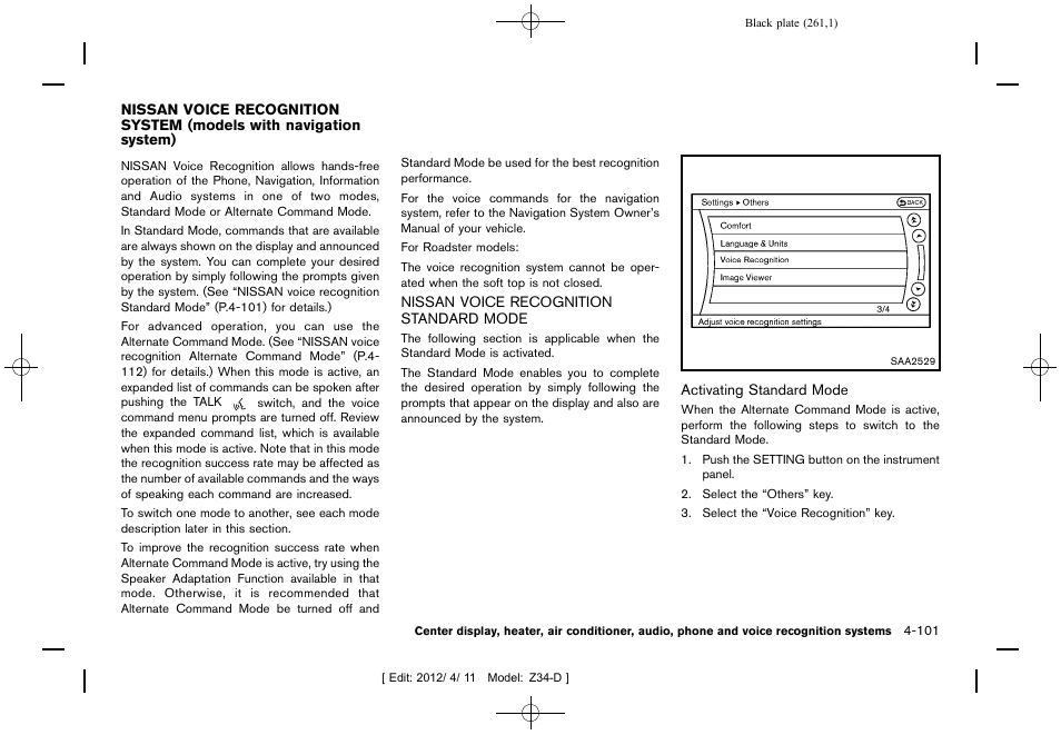 Nissan voice recognition standard mode -101 | NISSAN 2013 370Z Roadster - Owner's Manual User Manual | Page 263 / 427