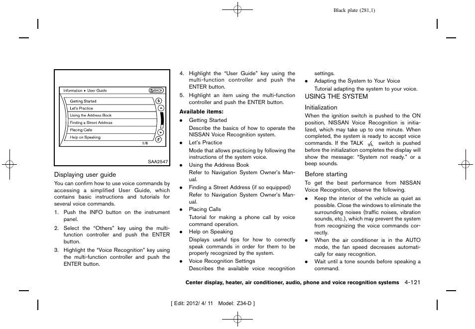 Using the system -121 | NISSAN 2013 370Z Roadster - Owner's Manual User Manual | Page 283 / 427