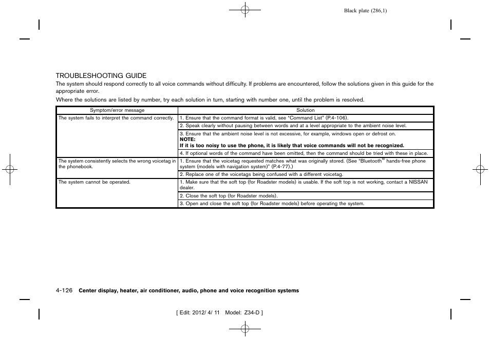 Troubleshooting guide -126 | NISSAN 2013 370Z Roadster - Owner's Manual User Manual | Page 288 / 427