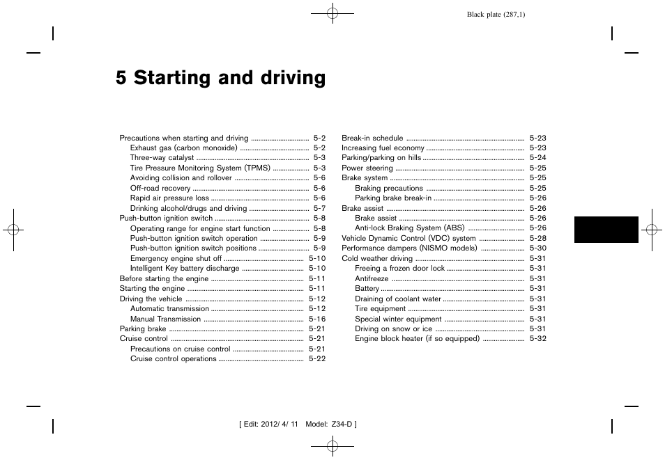 Starting and driving, 5 starting and driving | NISSAN 2013 370Z Roadster - Owner's Manual User Manual | Page 289 / 427