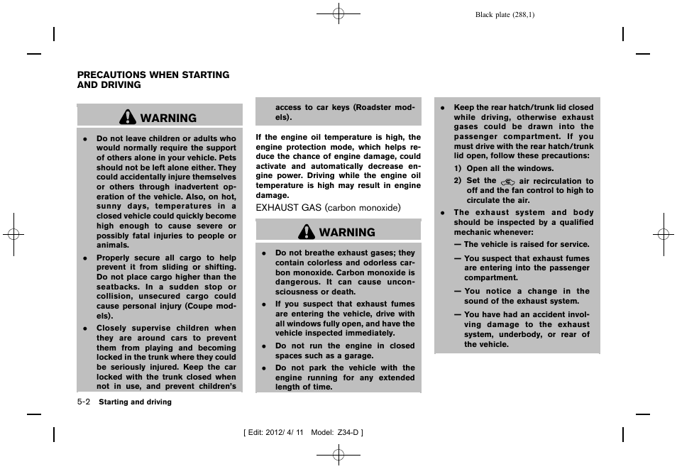 Precautions when starting and driving -2, Exhaust gas (carbon monoxide) -2, Warning | NISSAN 2013 370Z Roadster - Owner's Manual User Manual | Page 290 / 427