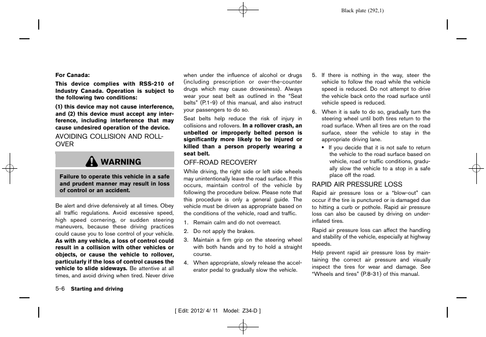 Warning | NISSAN 2013 370Z Roadster - Owner's Manual User Manual | Page 294 / 427