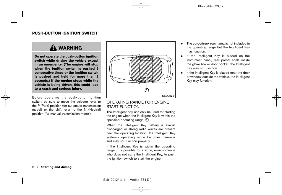 Push-button ignition switch -8, Operating range for engine start function -8, Warning | NISSAN 2013 370Z Roadster - Owner's Manual User Manual | Page 296 / 427