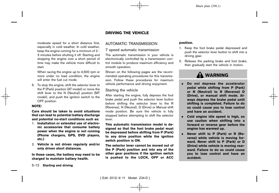 Driving the vehicle -12, Automatic transmission -12, Warning | NISSAN 2013 370Z Roadster - Owner's Manual User Manual | Page 300 / 427