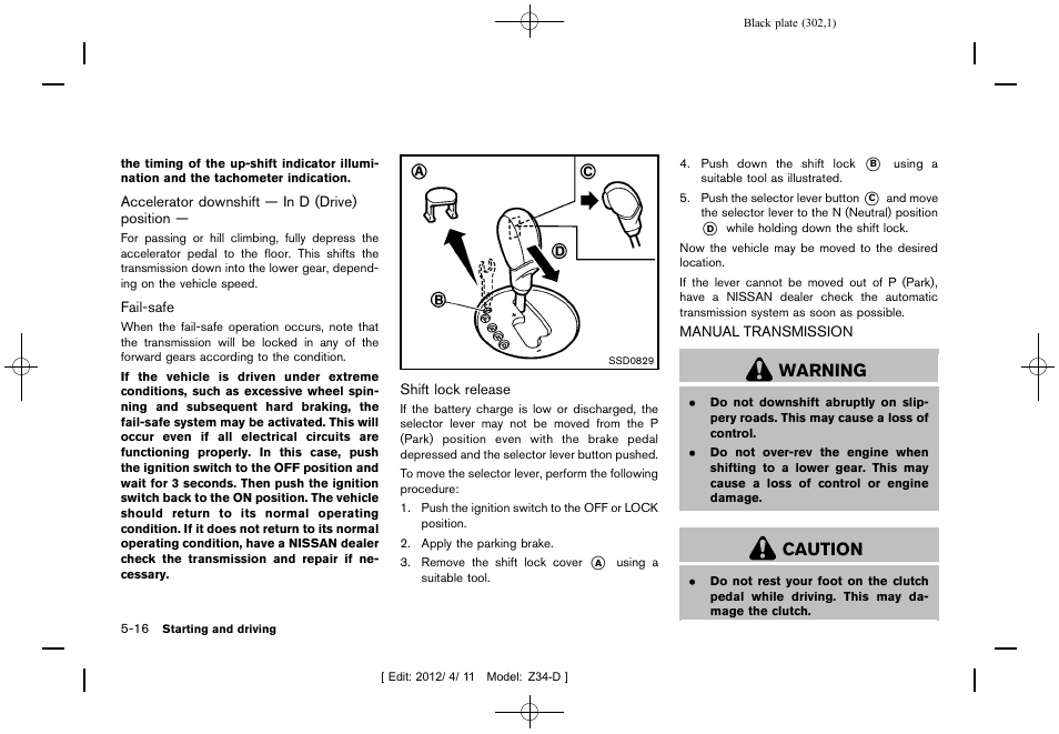 Manual transmission -16, Warning, Caution | NISSAN 2013 370Z Roadster - Owner's Manual User Manual | Page 304 / 427