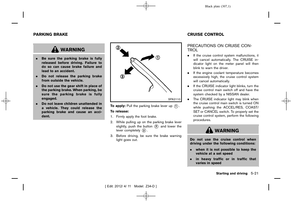 Parking brake -21 cruise control -21, Precautions on cruise control -21, Warning | NISSAN 2013 370Z Roadster - Owner's Manual User Manual | Page 309 / 427