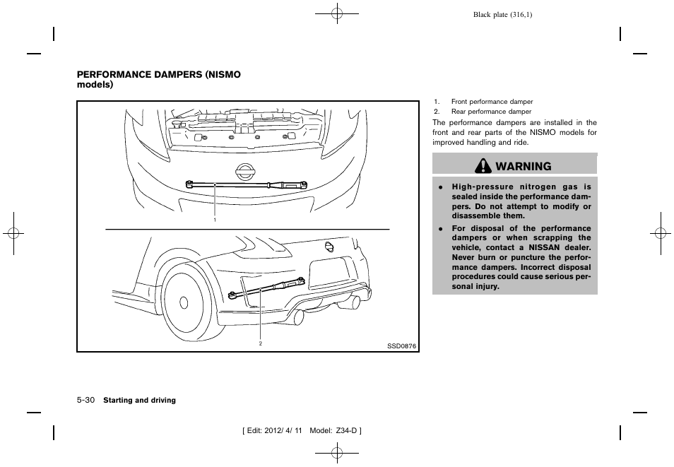 Performance dampers (nismo models) -30, Warning | NISSAN 2013 370Z Roadster - Owner's Manual User Manual | Page 318 / 427