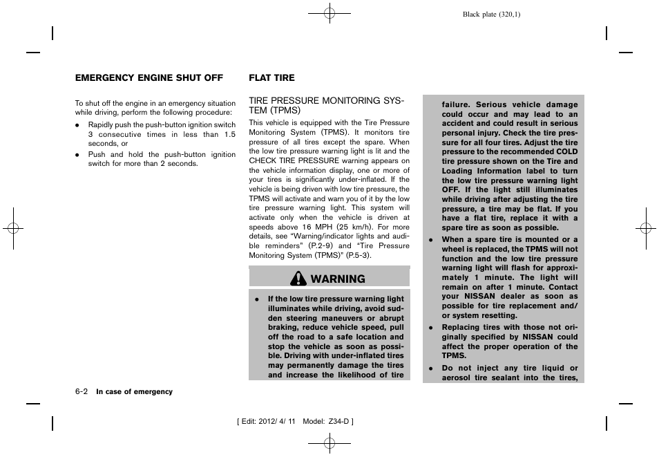 Emergency engine shut off -2 flat tire -2, Tire pressure monitoring system (tpms) -2, Warning | NISSAN 2013 370Z Roadster - Owner's Manual User Manual | Page 322 / 427