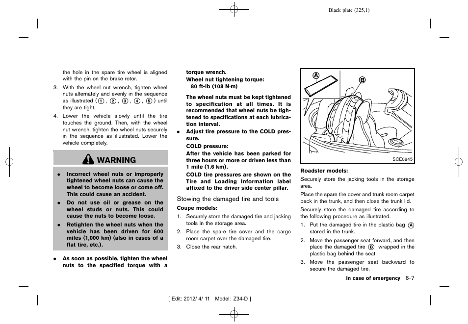 Warning | NISSAN 2013 370Z Roadster - Owner's Manual User Manual | Page 327 / 427