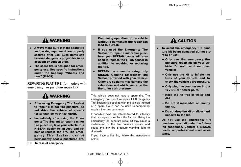 Warning, Caution | NISSAN 2013 370Z Roadster - Owner's Manual User Manual | Page 328 / 427