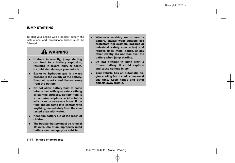 Jump starting -14, Warning | NISSAN 2013 370Z Roadster - Owner's Manual User Manual | Page 334 / 427