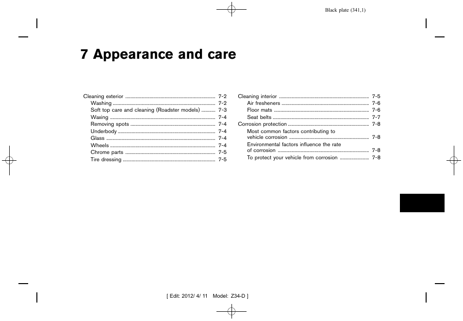 Appearance and care, 7 appearance and care | NISSAN 2013 370Z Roadster - Owner's Manual User Manual | Page 343 / 427