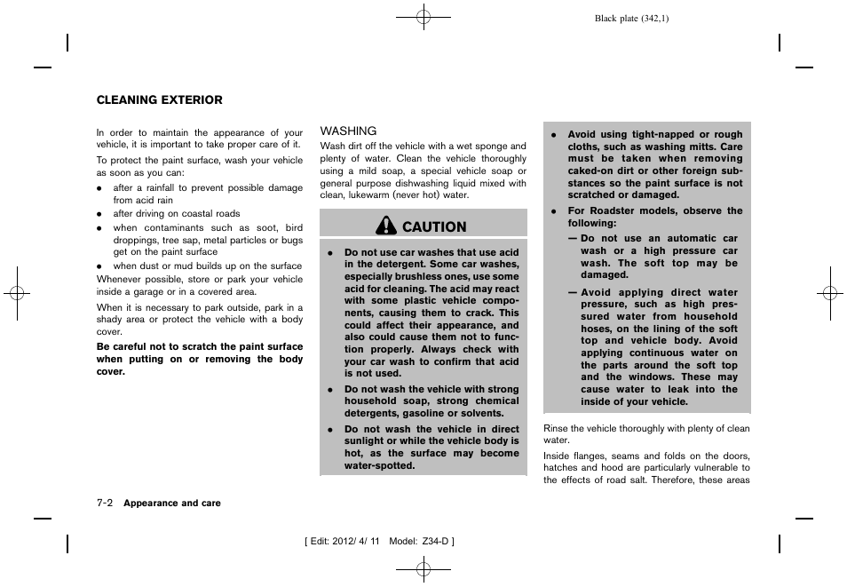 Cleaning exterior -2, Washing -2, Caution | NISSAN 2013 370Z Roadster - Owner's Manual User Manual | Page 344 / 427