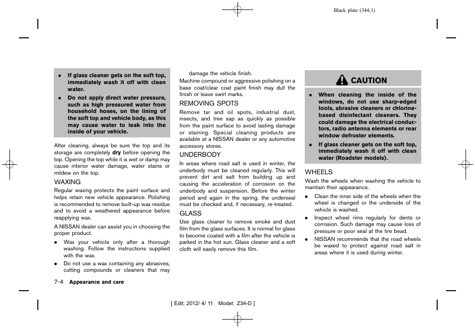 Caution | NISSAN 2013 370Z Roadster - Owner's Manual User Manual | Page 346 / 427