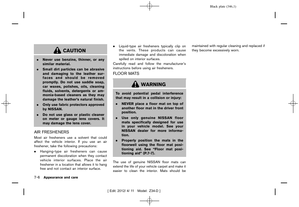 Air fresheners -6 floor mats -6, Caution, Warning | NISSAN 2013 370Z Roadster - Owner's Manual User Manual | Page 348 / 427