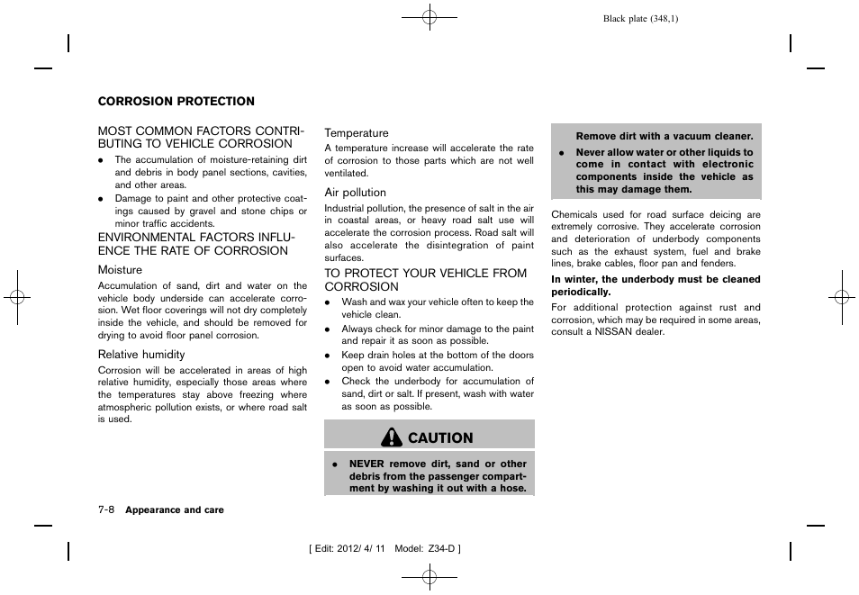 Corrosion protection -8, Caution | NISSAN 2013 370Z Roadster - Owner's Manual User Manual | Page 350 / 427