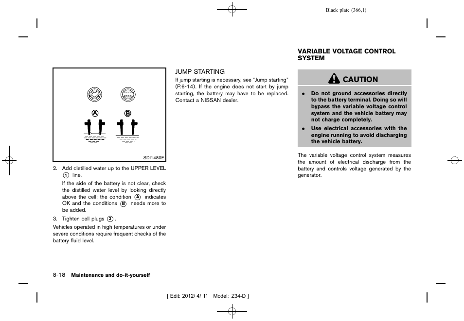 Jump starting -18, Variable voltage control system -18, Caution | NISSAN 2013 370Z Roadster - Owner's Manual User Manual | Page 368 / 427