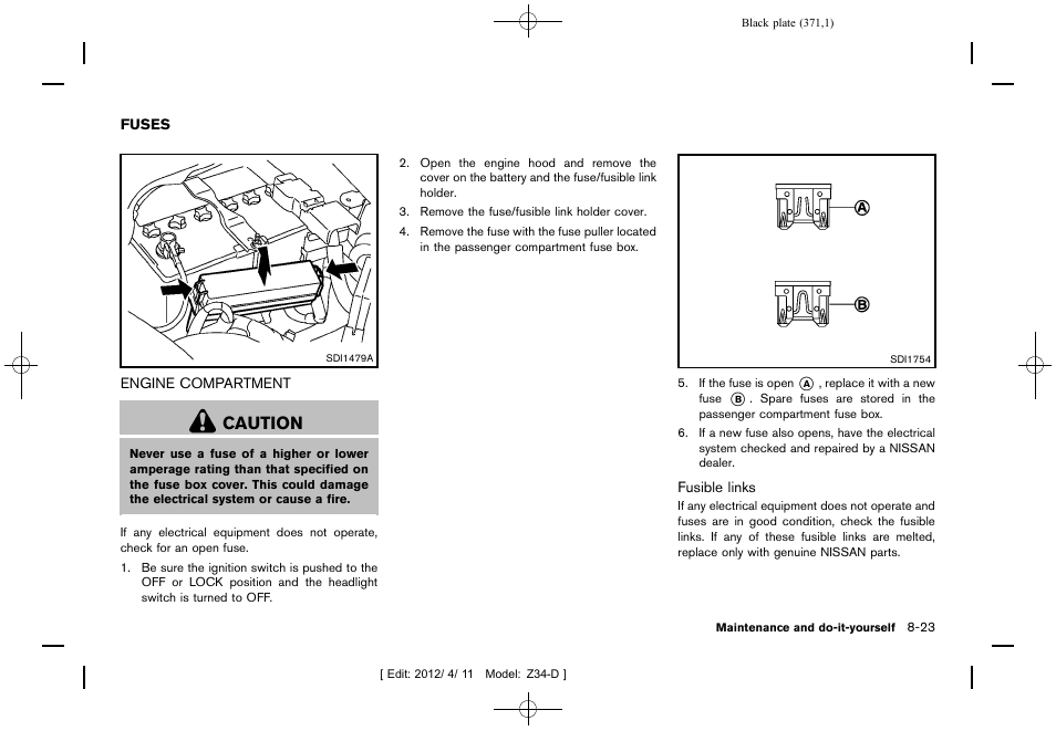 Fuses -23, Engine compartment -23, Caution | NISSAN 2013 370Z Roadster - Owner's Manual User Manual | Page 373 / 427