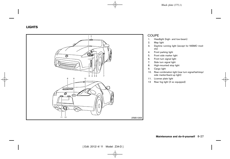 Lights -27, Coupe -27 | NISSAN 2013 370Z Roadster - Owner's Manual User Manual | Page 377 / 427