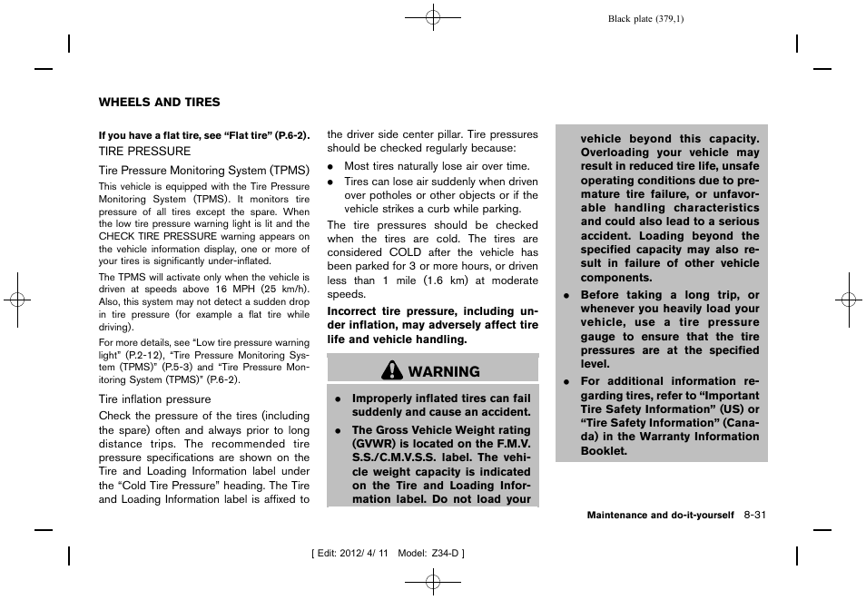 Wheels and tires -31, Tire pressure -31, Warning | NISSAN 2013 370Z Roadster - Owner's Manual User Manual | Page 381 / 427