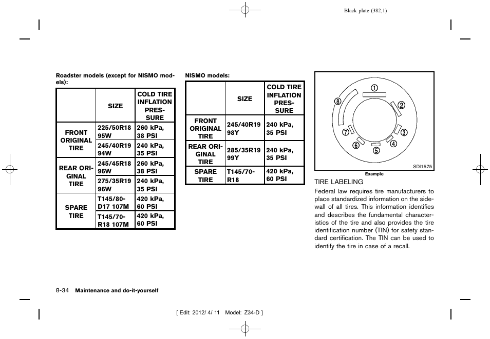 Tire labeling -34 | NISSAN 2013 370Z Roadster - Owner's Manual User Manual | Page 384 / 427