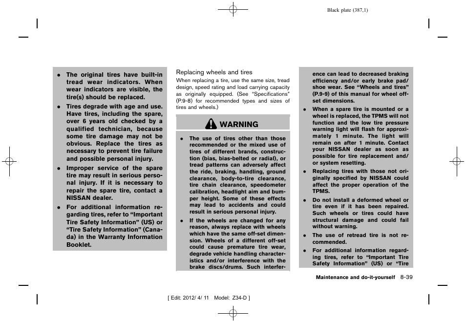 Warning | NISSAN 2013 370Z Roadster - Owner's Manual User Manual | Page 389 / 427