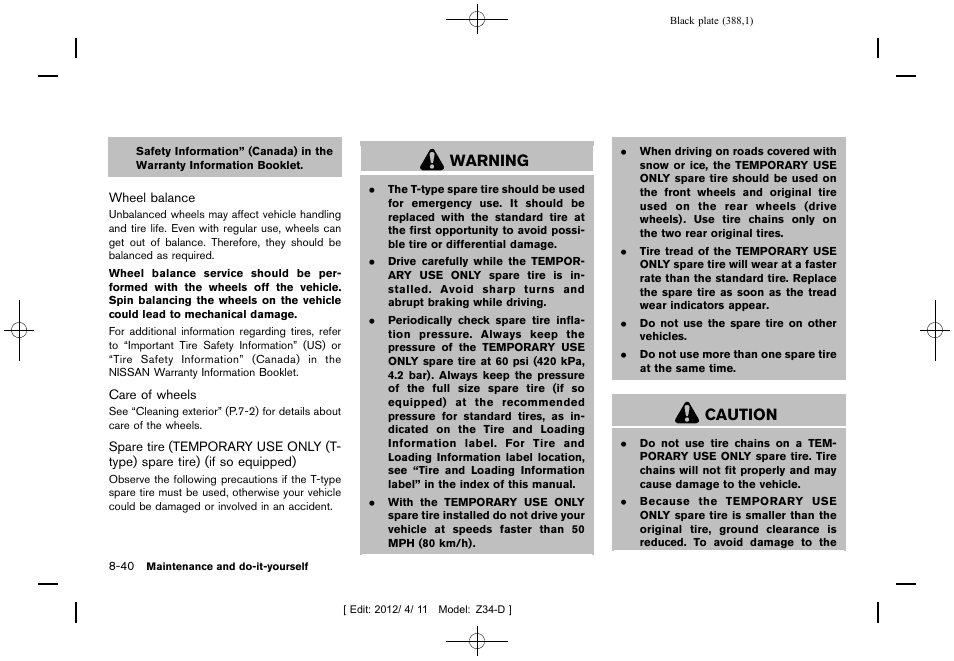 Warning, Caution | NISSAN 2013 370Z Roadster - Owner's Manual User Manual | Page 390 / 427