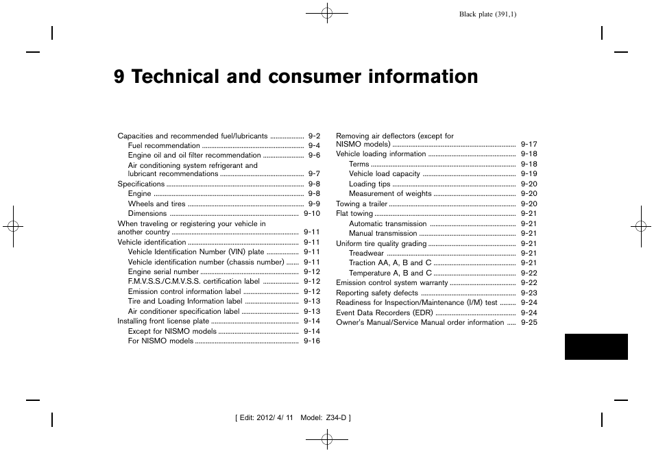 Technical and consumer information, 9 technical and consumer information | NISSAN 2013 370Z Roadster - Owner's Manual User Manual | Page 393 / 427