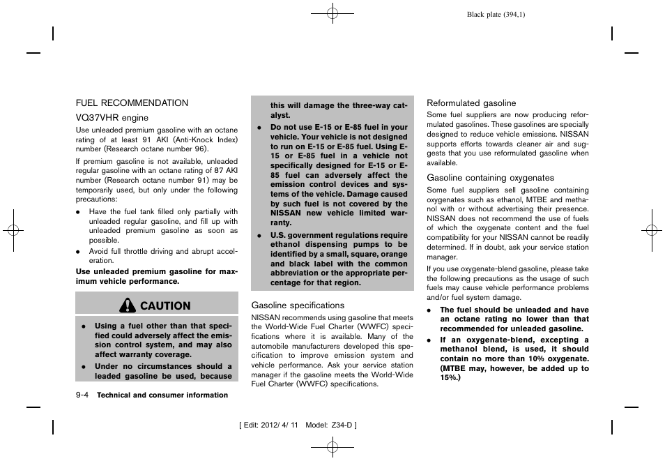 Fuel recommendation -4, Caution | NISSAN 2013 370Z Roadster - Owner's Manual User Manual | Page 396 / 427