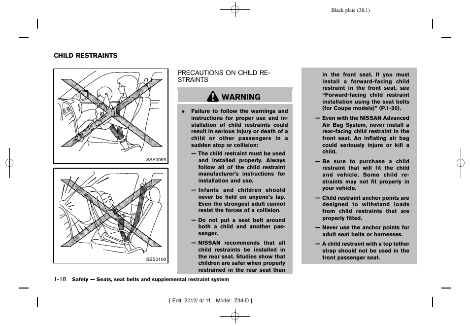 Child restraints -18, Precautions on child restraints -18, Warning | NISSAN 2013 370Z Roadster - Owner's Manual User Manual | Page 40 / 427