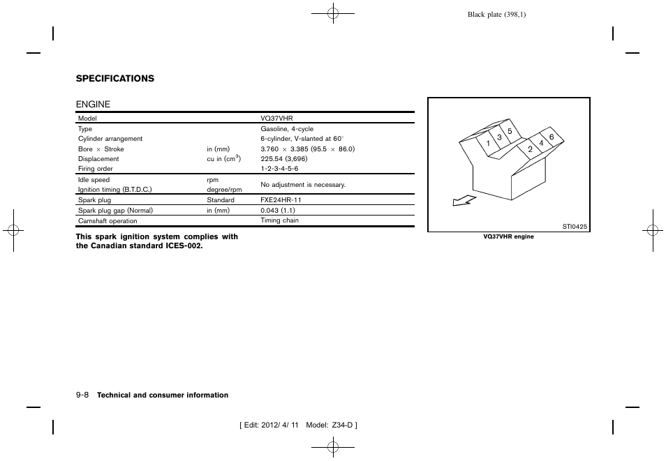 Specifications -8, Engine -8 | NISSAN 2013 370Z Roadster - Owner's Manual User Manual | Page 400 / 427