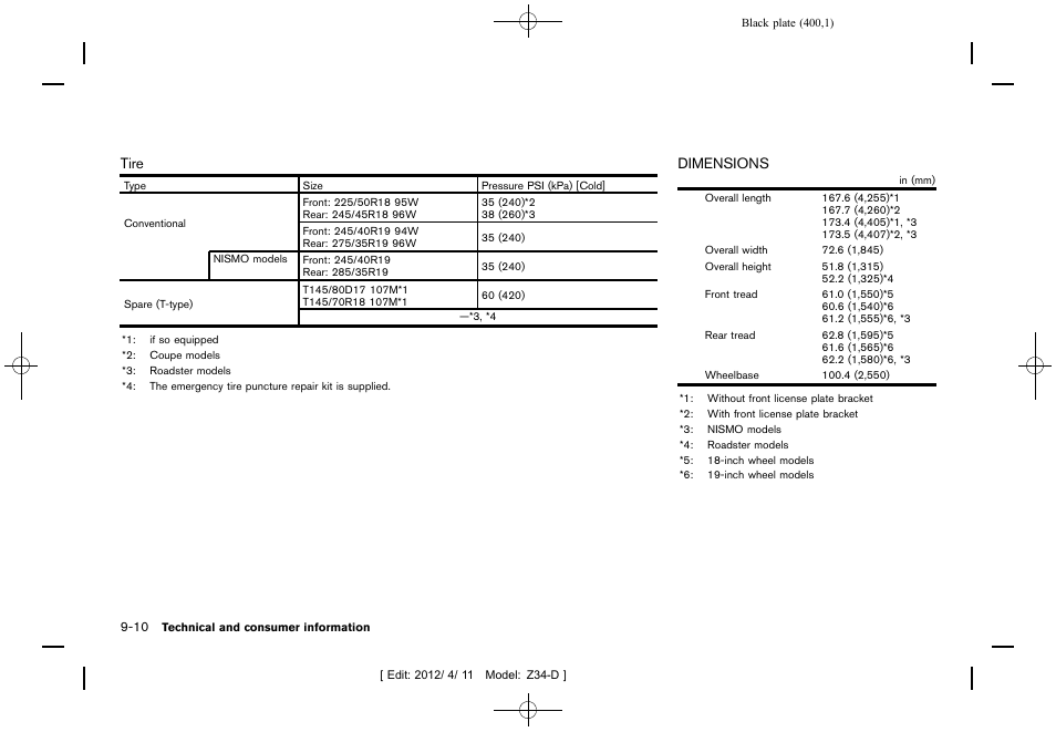 Dimensions -10 | NISSAN 2013 370Z Roadster - Owner's Manual User Manual | Page 402 / 427