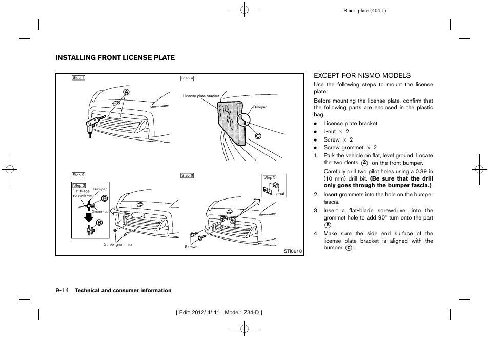 Installing front license plate -14, Except for nismo models -14 | NISSAN 2013 370Z Roadster - Owner's Manual User Manual | Page 406 / 427