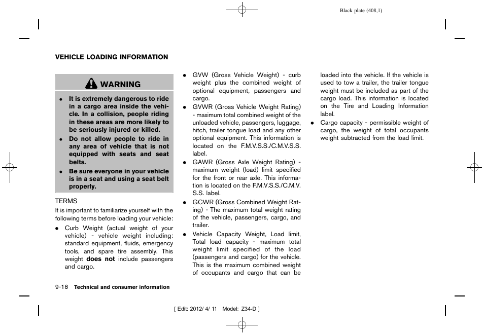 Vehicle loading information -18, Terms -18, Warning | NISSAN 2013 370Z Roadster - Owner's Manual User Manual | Page 410 / 427