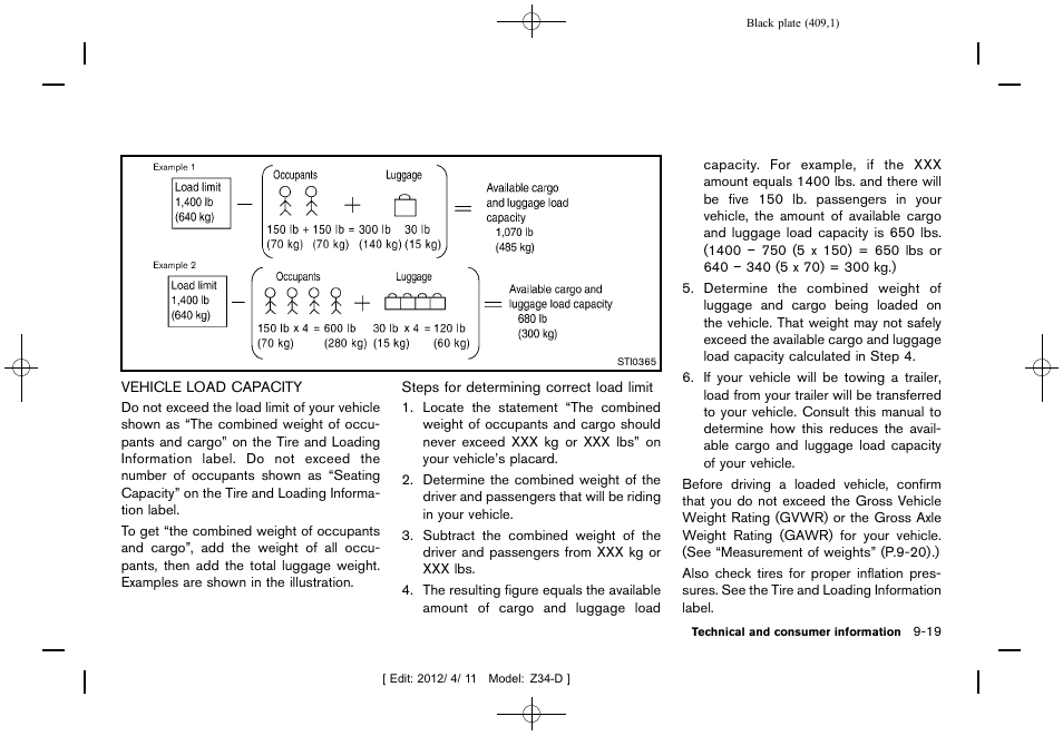 Vehicle load capacity -19 | NISSAN 2013 370Z Roadster - Owner's Manual User Manual | Page 411 / 427