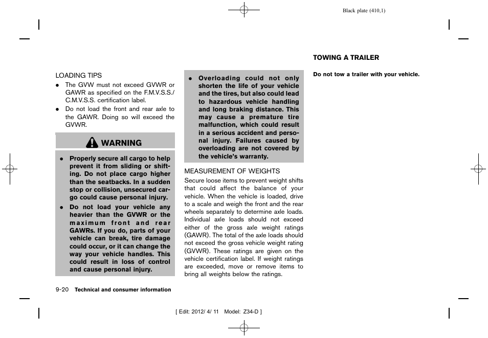 Loading tips -20 measurement of weights -20, Towing a trailer -20, Warning | NISSAN 2013 370Z Roadster - Owner's Manual User Manual | Page 412 / 427