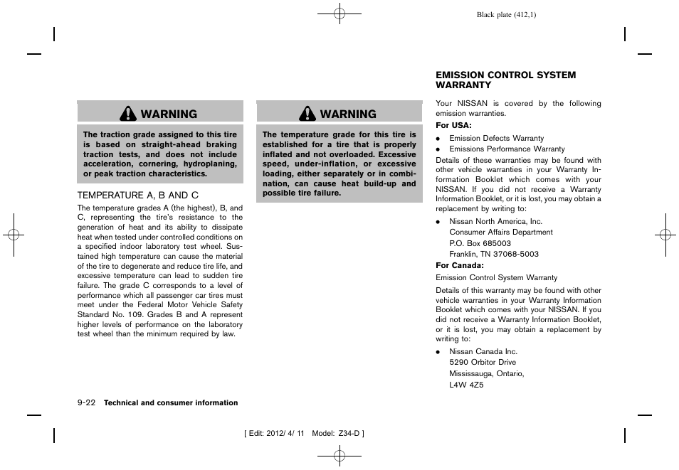 Temperature a, b and c -22, Emission control system warranty -22, Warning | NISSAN 2013 370Z Roadster - Owner's Manual User Manual | Page 414 / 427