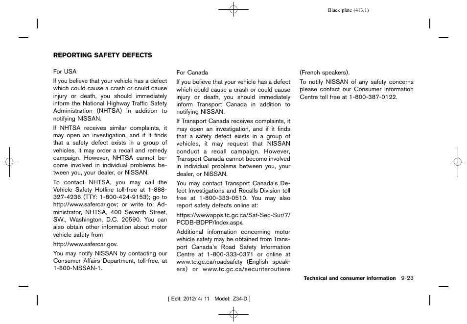 Reporting safety defects -23 | NISSAN 2013 370Z Roadster - Owner's Manual User Manual | Page 415 / 427