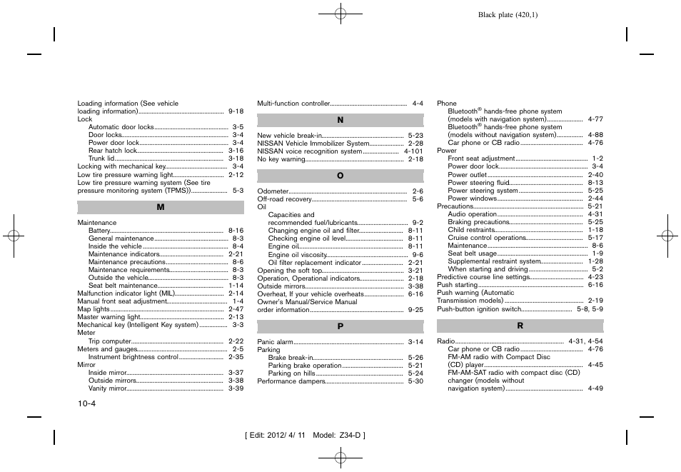 NISSAN 2013 370Z Roadster - Owner's Manual User Manual | Page 422 / 427