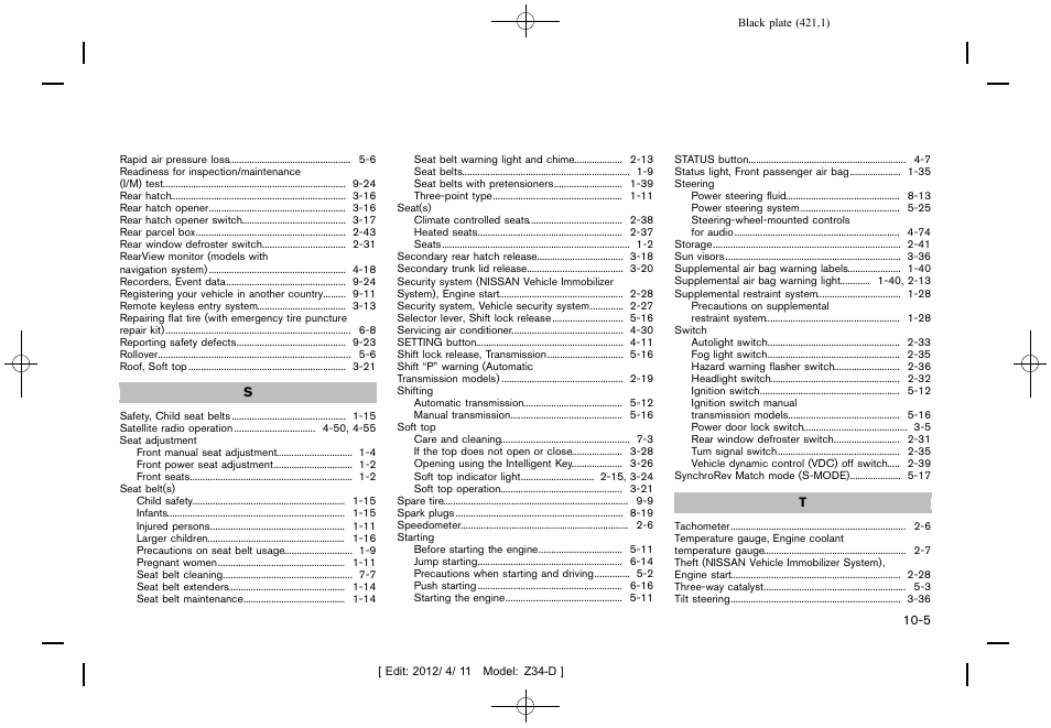 NISSAN 2013 370Z Roadster - Owner's Manual User Manual | Page 423 / 427