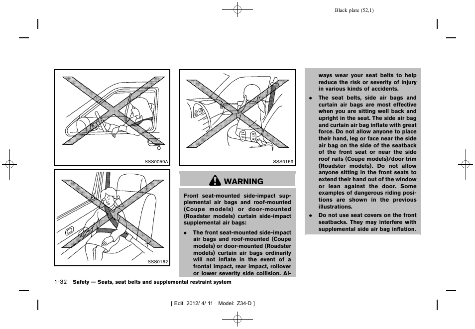 Warning | NISSAN 2013 370Z Roadster - Owner's Manual User Manual | Page 54 / 427