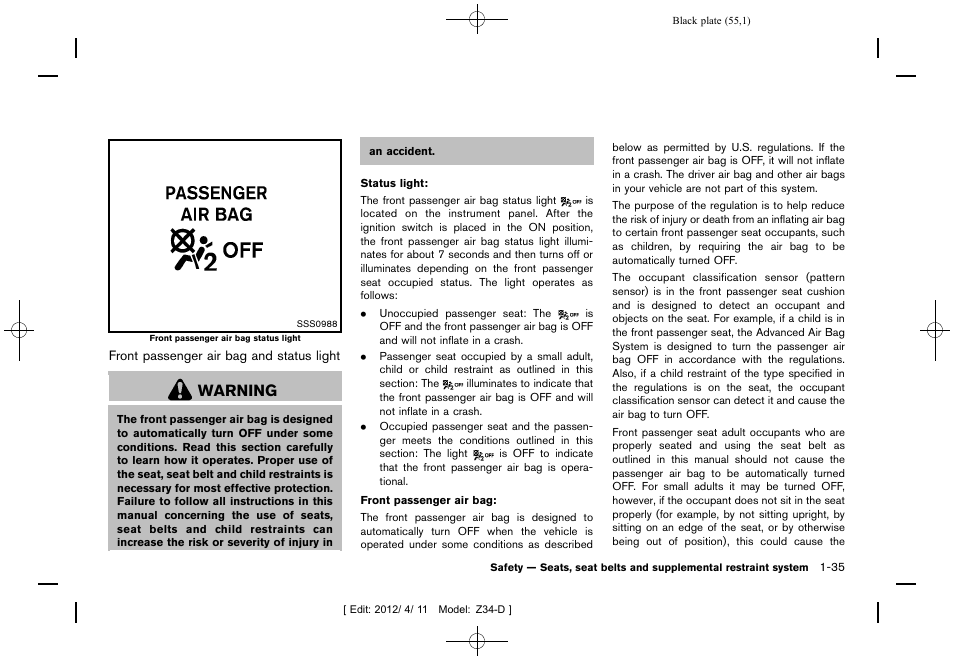 Warning | NISSAN 2013 370Z Roadster - Owner's Manual User Manual | Page 57 / 427