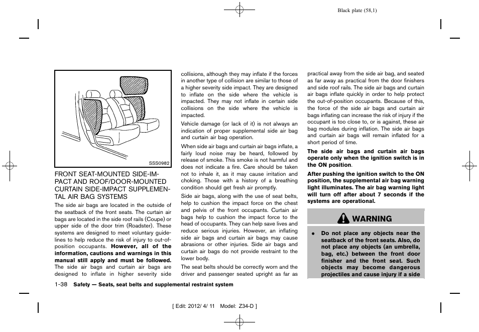 Warning | NISSAN 2013 370Z Roadster - Owner's Manual User Manual | Page 60 / 427