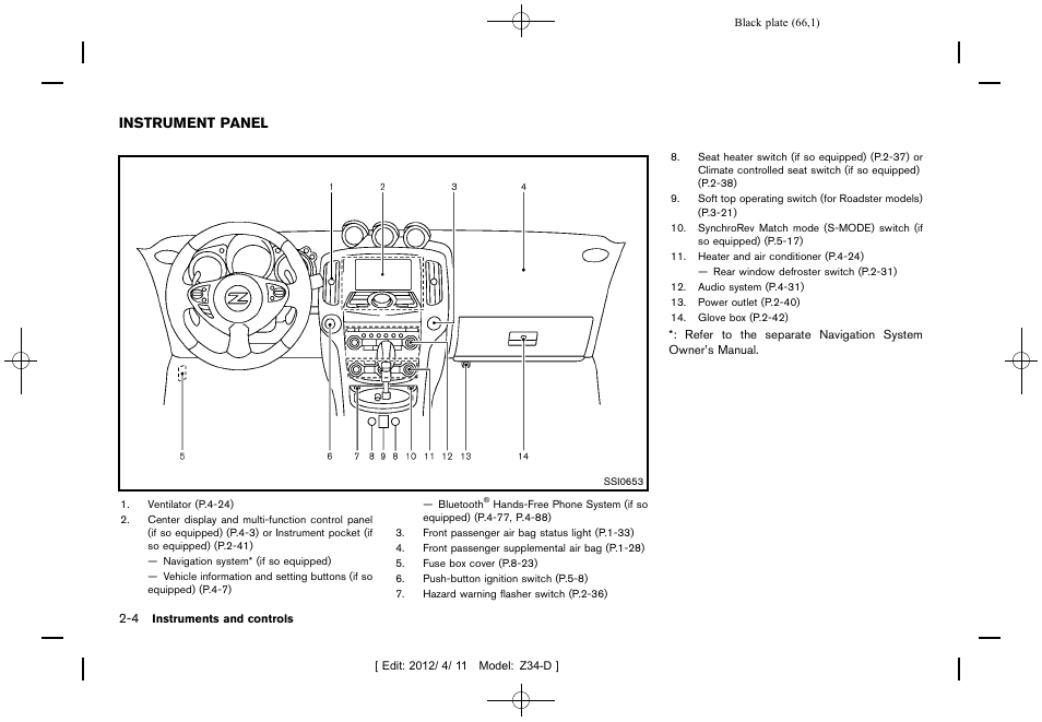 Instrument panel -4 | NISSAN 2013 370Z Roadster - Owner's Manual User Manual | Page 68 / 427