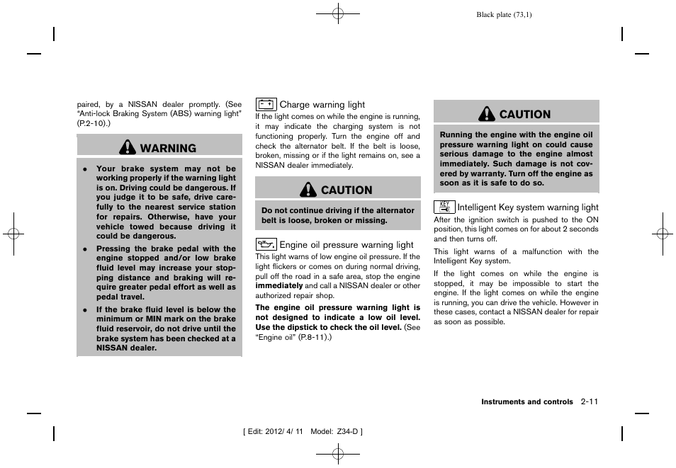 Warning, Caution | NISSAN 2013 370Z Roadster - Owner's Manual User Manual | Page 75 / 427