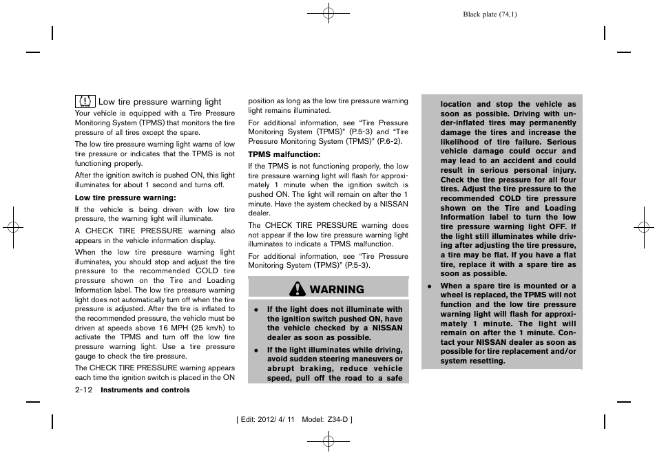 Warning | NISSAN 2013 370Z Roadster - Owner's Manual User Manual | Page 76 / 427