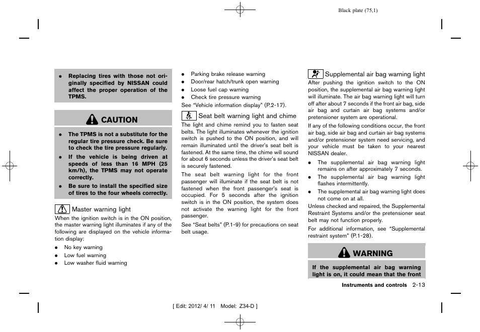 Caution, Warning | NISSAN 2013 370Z Roadster - Owner's Manual User Manual | Page 77 / 427