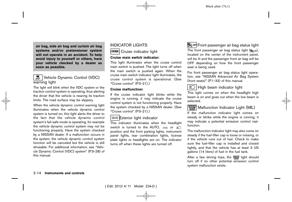 Indicator lights -14 | NISSAN 2013 370Z Roadster - Owner's Manual User Manual | Page 78 / 427