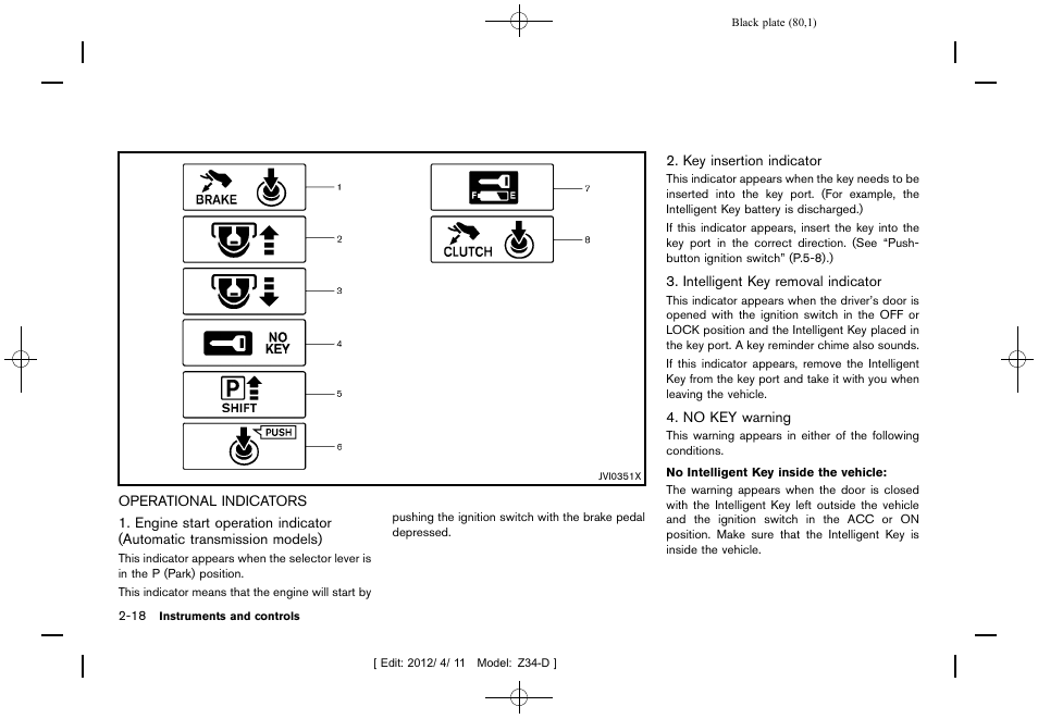 Operational indicators -18 | NISSAN 2013 370Z Roadster - Owner's Manual User Manual | Page 82 / 427