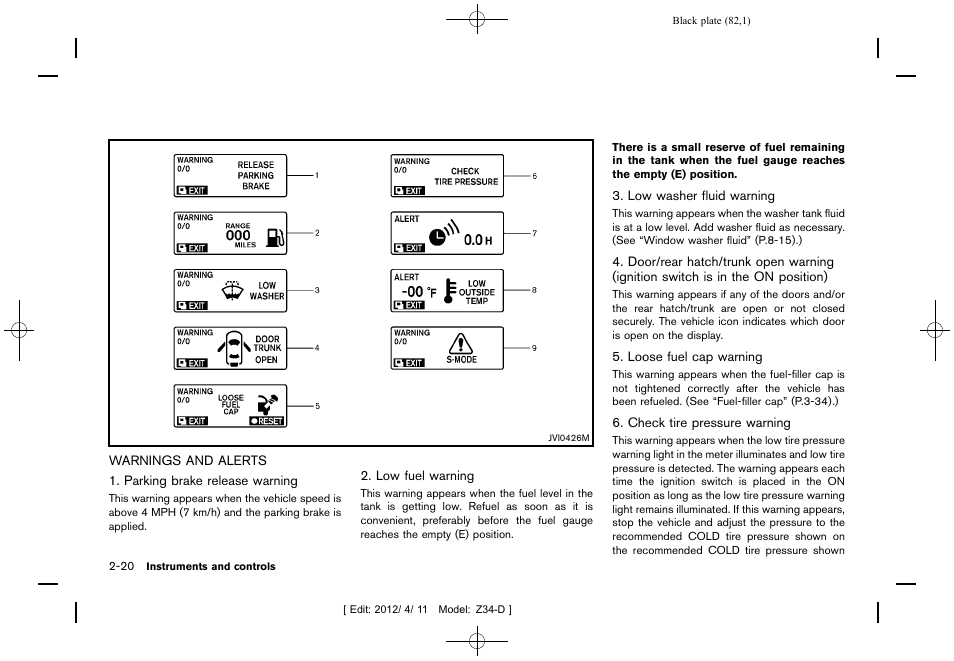 Warnings and alerts -20 | NISSAN 2013 370Z Roadster - Owner's Manual User Manual | Page 84 / 427